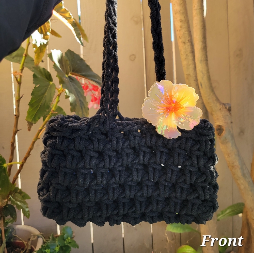 Handwoven Black Crochet Tote with Iridescent Flower Accent